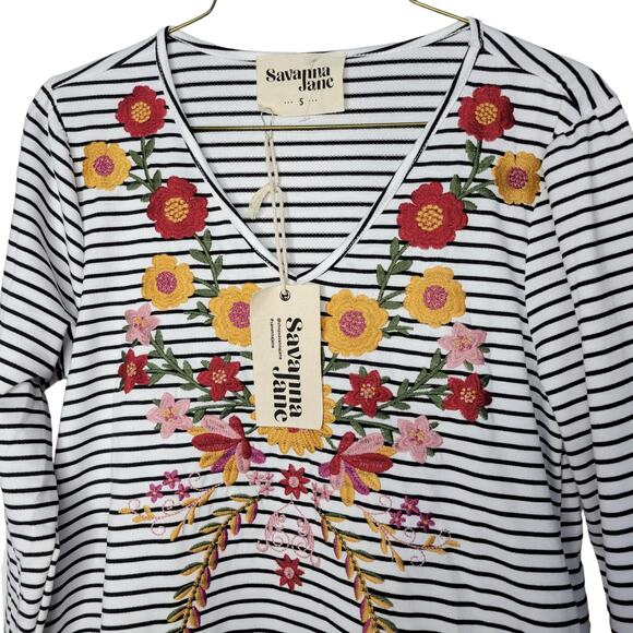 Savanna Jane Floral Embroidered White/Black Striped Long Sleeve V-Neck Top S - Picture 3 of 6